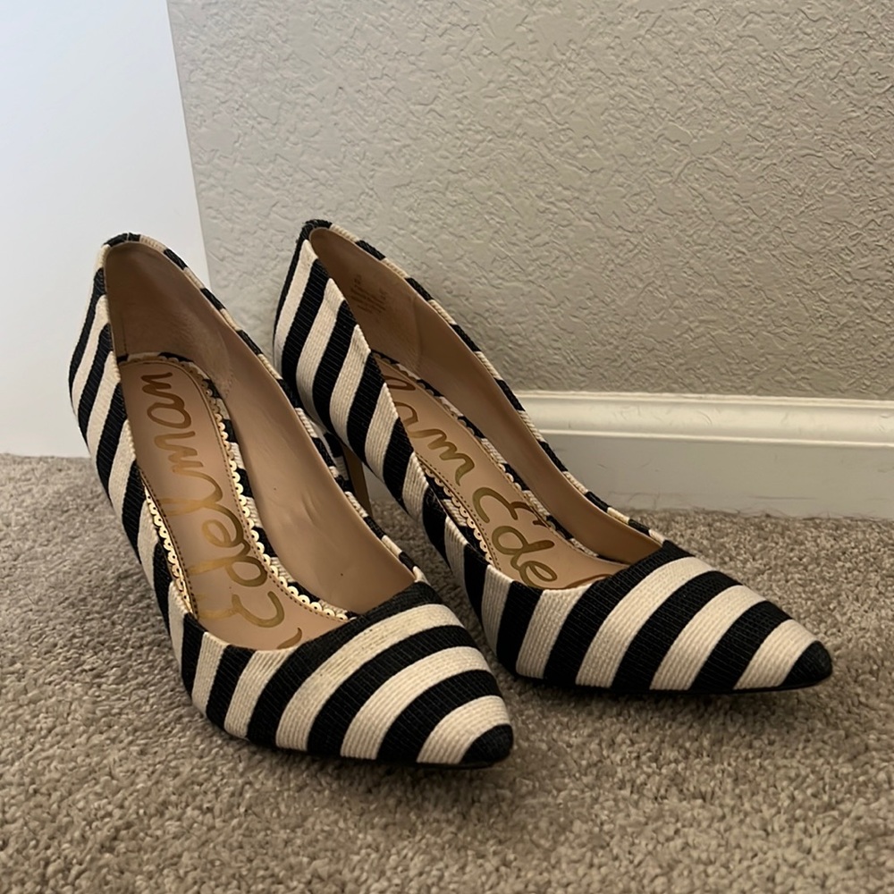 Navy and white striped Sam Edelman heels